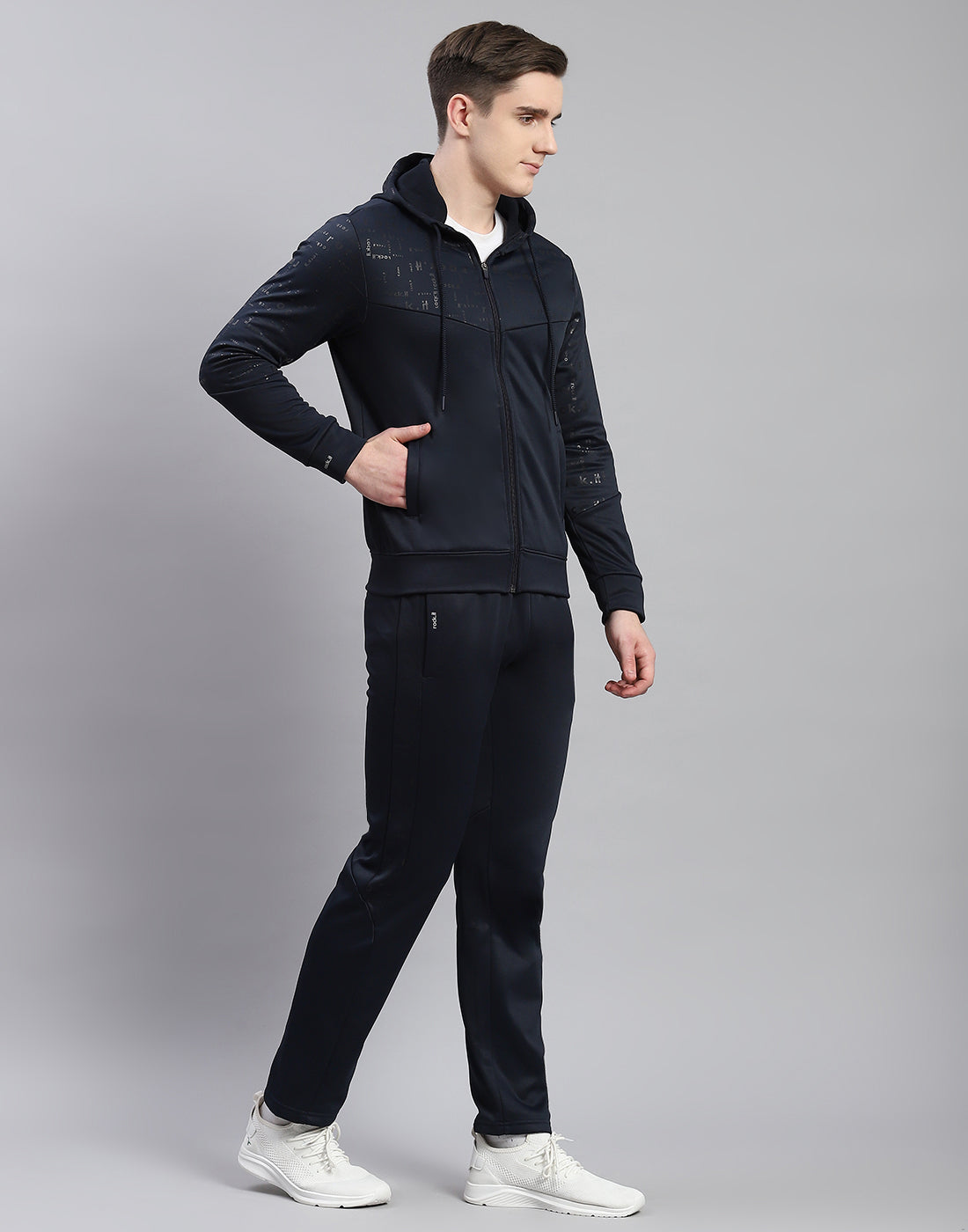 Rock.it Men Navy Blue Printed Hooded Full Sleeve Tracksuit