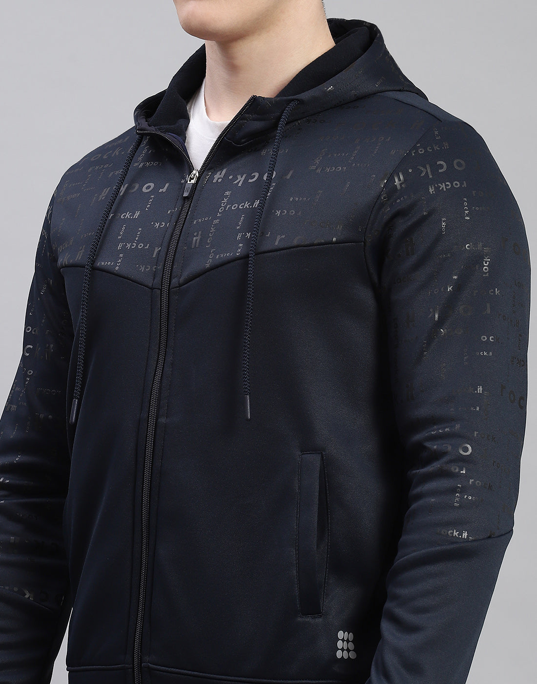 Rock.it Men Navy Blue Printed Hooded Full Sleeve Tracksuit