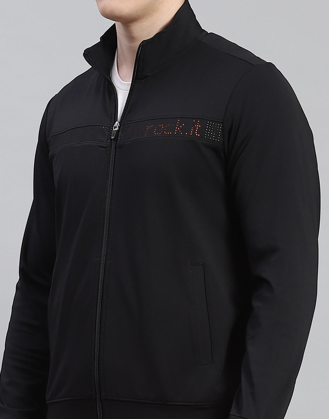 Rock.it Men Black Solid Stand Collar Full Sleeve Tracksuit