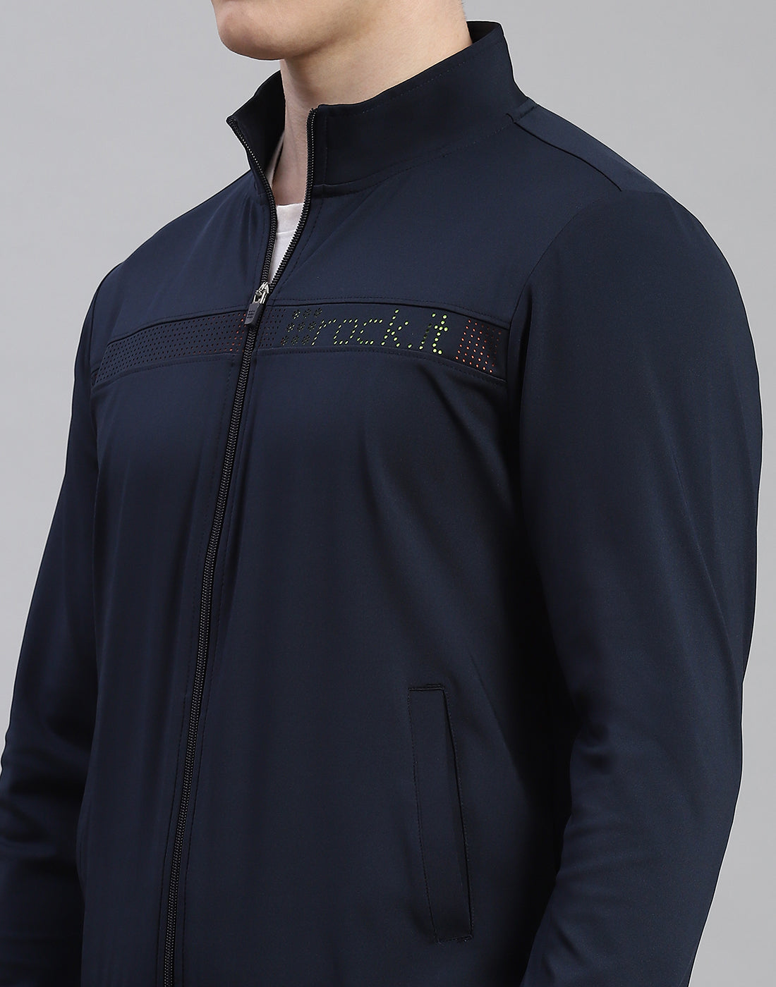 Rock.it Men Navy Blue Solid Stand Collar Full Sleeve Tracksuit