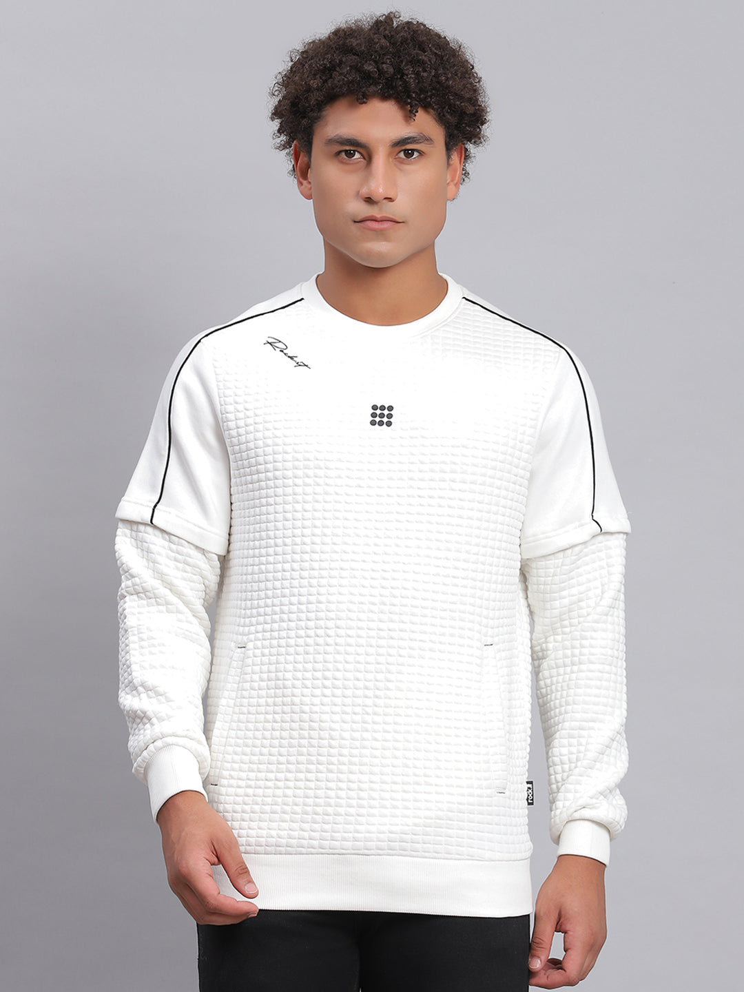 Men White Self Design Round Neck Full Sleeve Sweatshirts