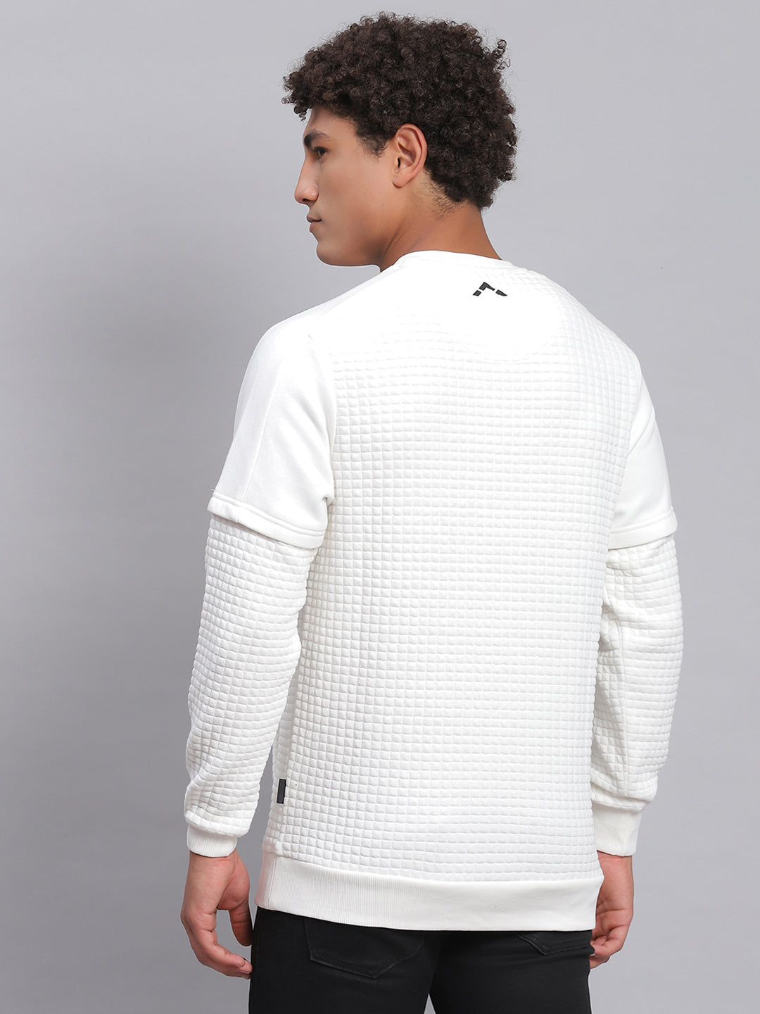 Men White Self Design Round Neck Full Sleeve Sweatshirt