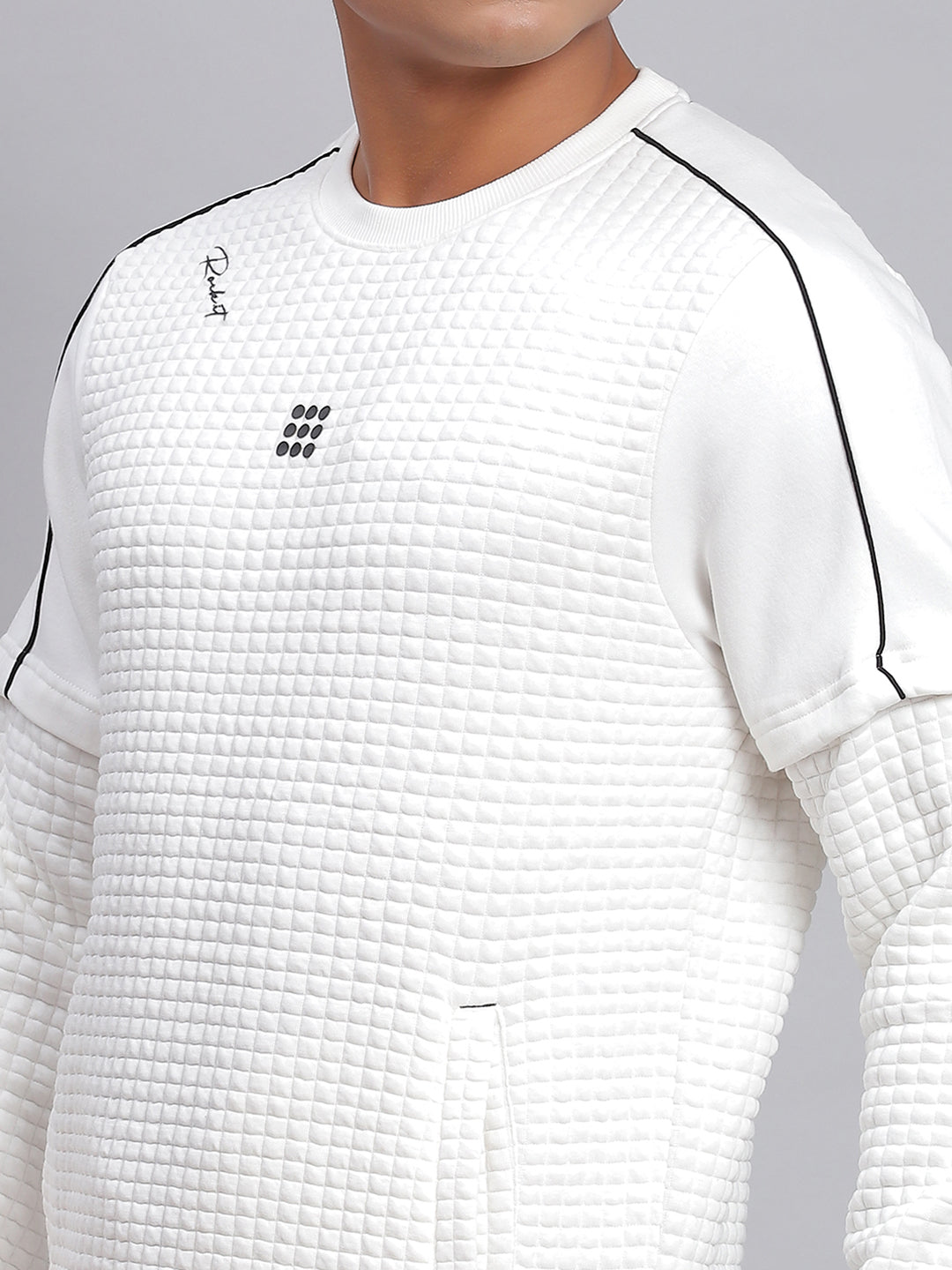 Men White Self Design Round Neck Full Sleeve Sweatshirt