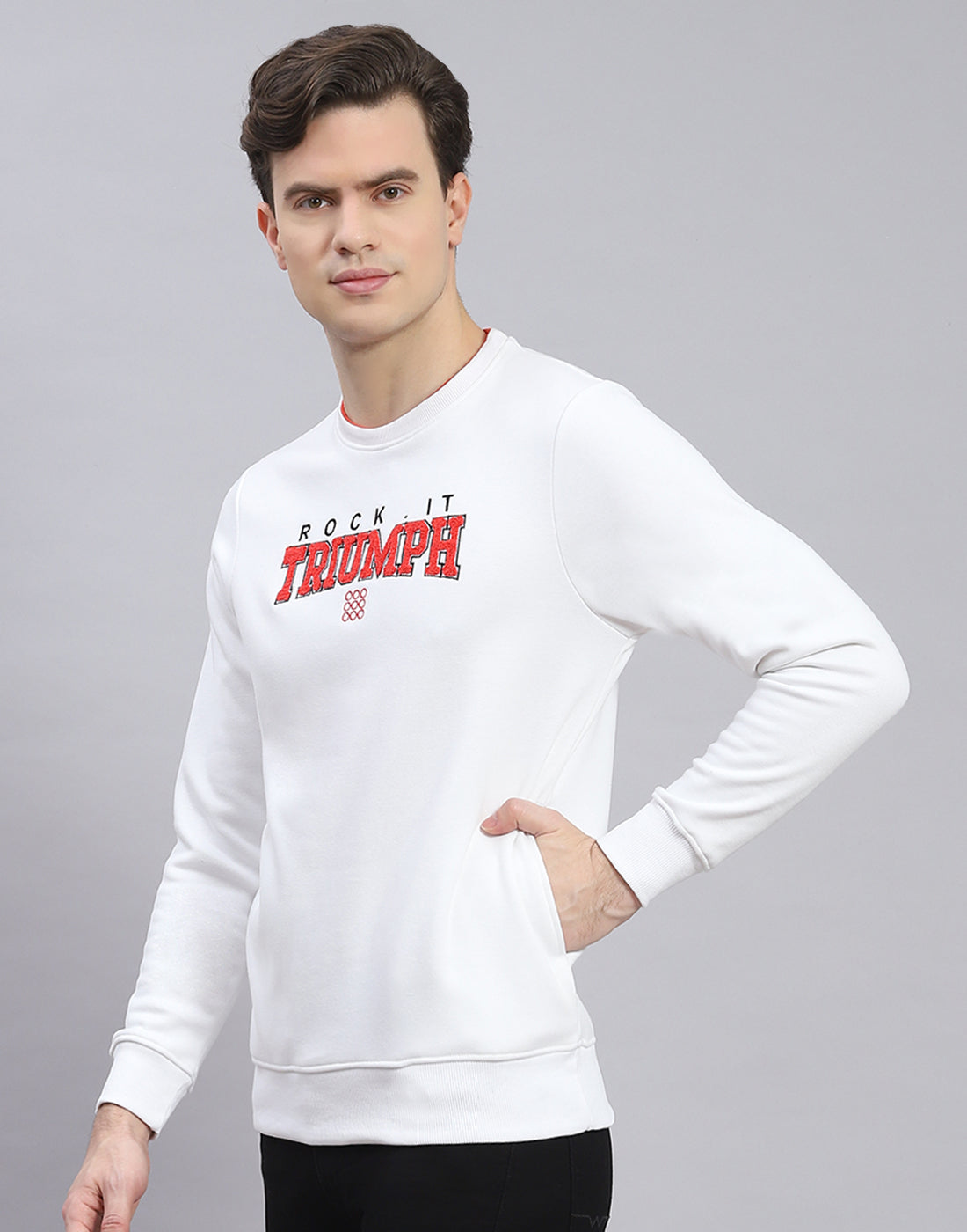 Rock.it Men White Solid Round Neck Full Sleeve Sweatshirt