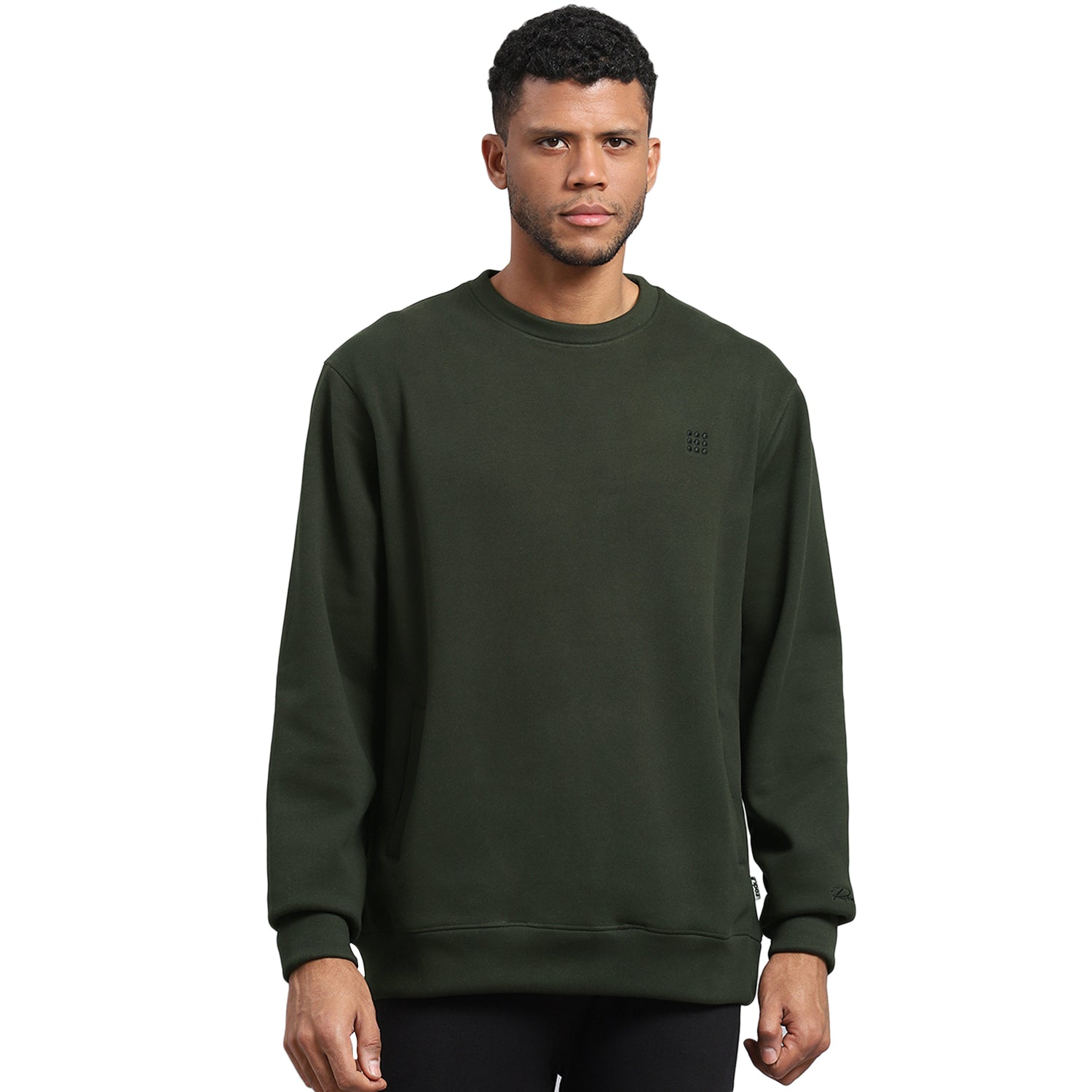 Rock.it Men Olive Solid Round Neck Full Sleeve Sweatshirt