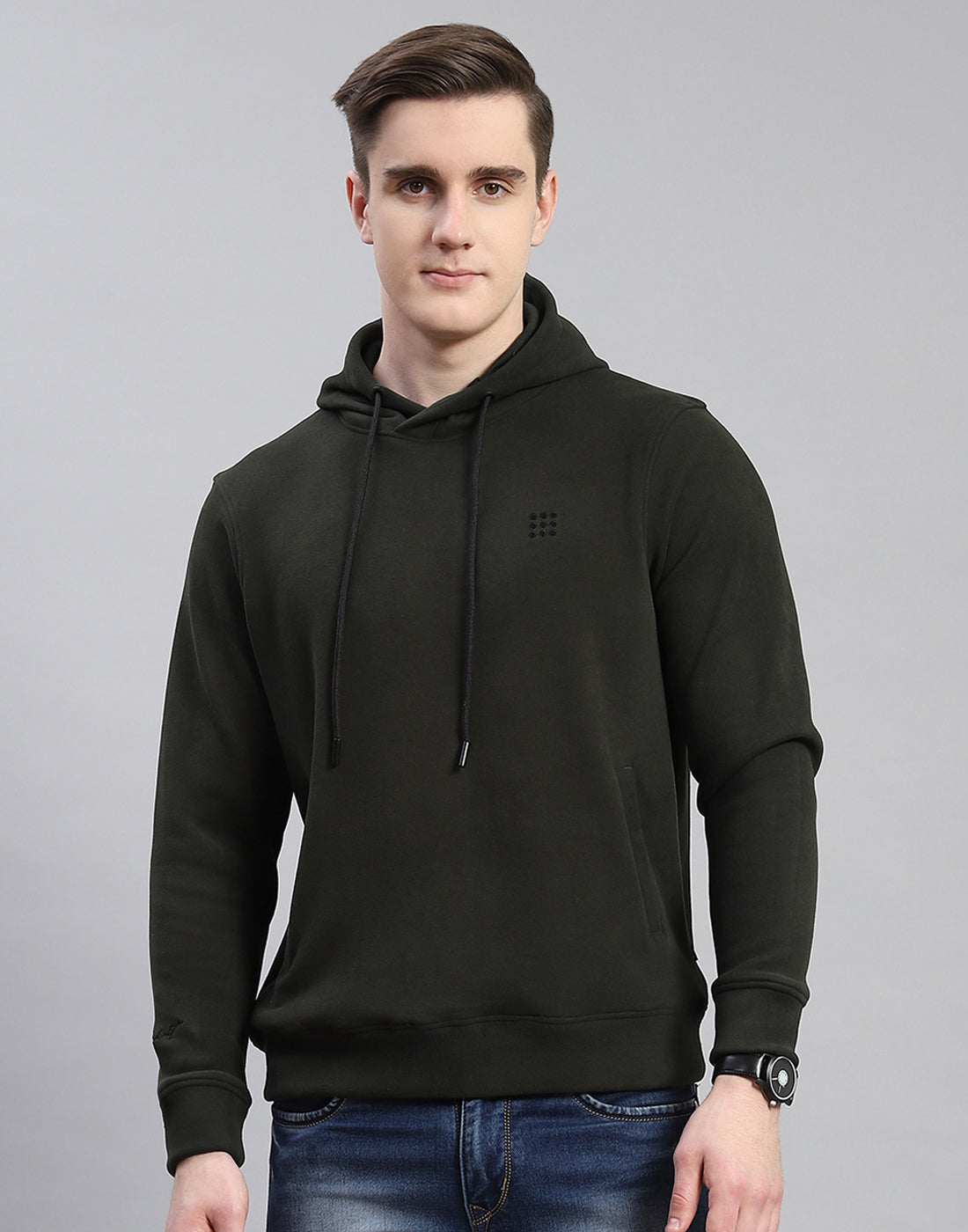 Rock.it Men Olive Solid Hooded Full Sleeve Sweatshirt