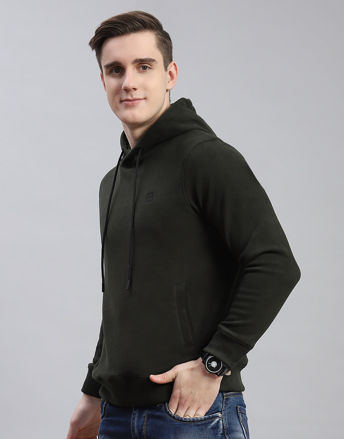 Rock.it Men Olive Solid Hooded Full Sleeve Sweatshirt