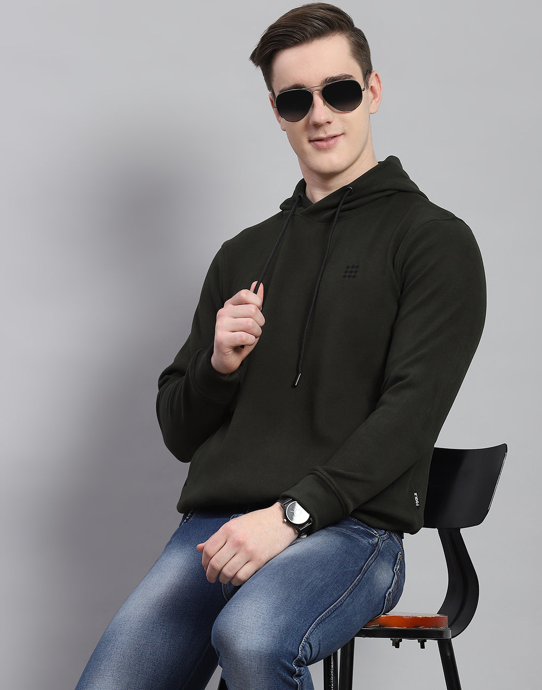 Rock.it Men Olive Solid Hooded Full Sleeve Sweatshirt