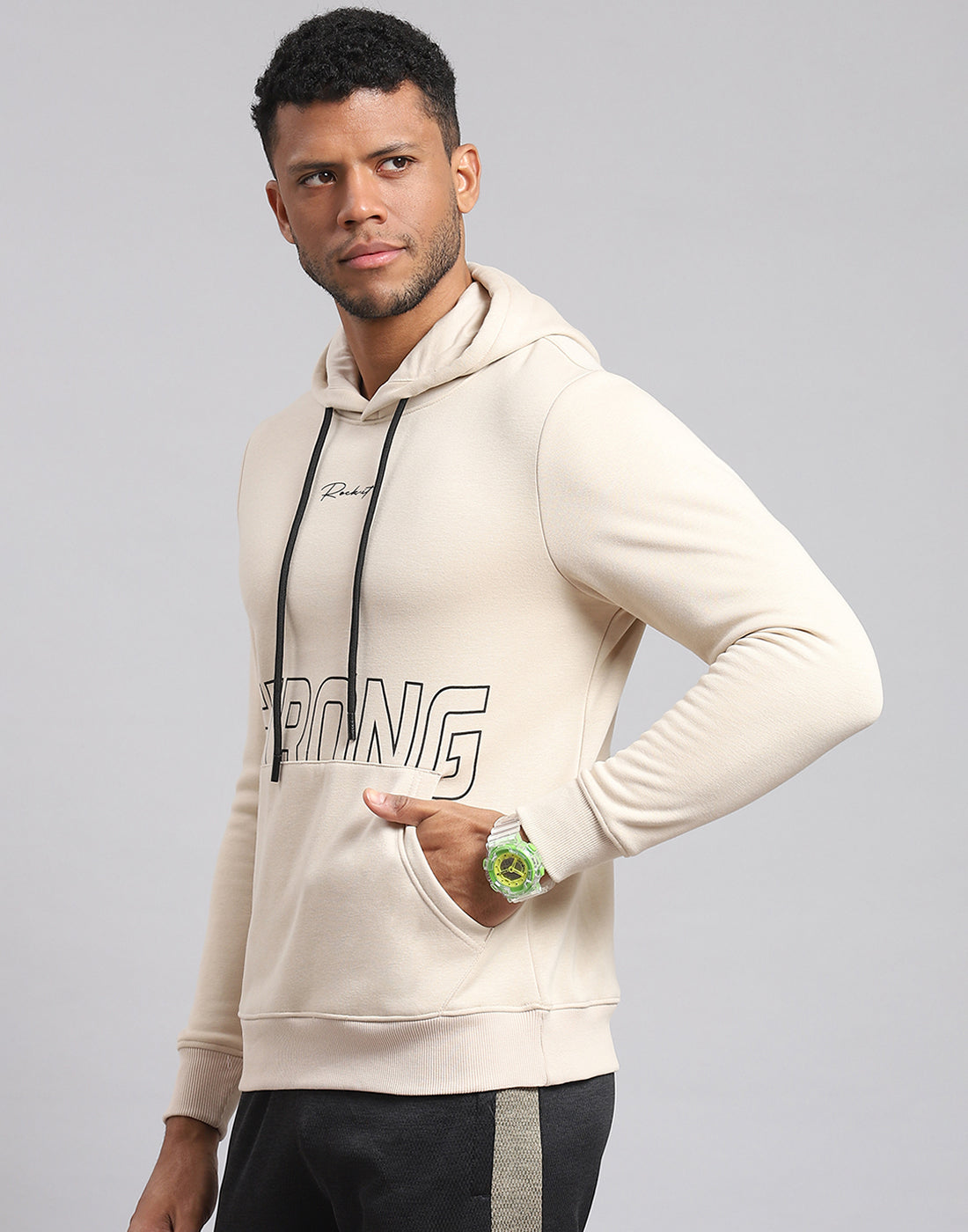 Rock.it Men Cream Printed Hooded Full Sleeve Sweatshirt