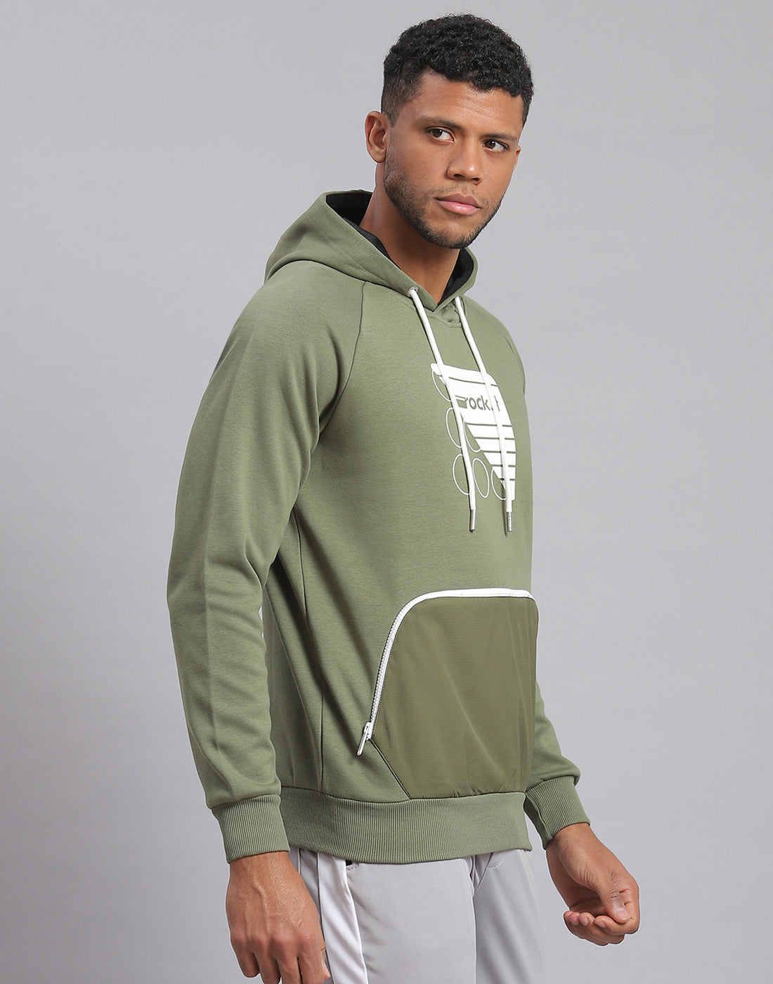 Rock.it Men Olive Printed Hooded Full Sleeve Sweatshirt