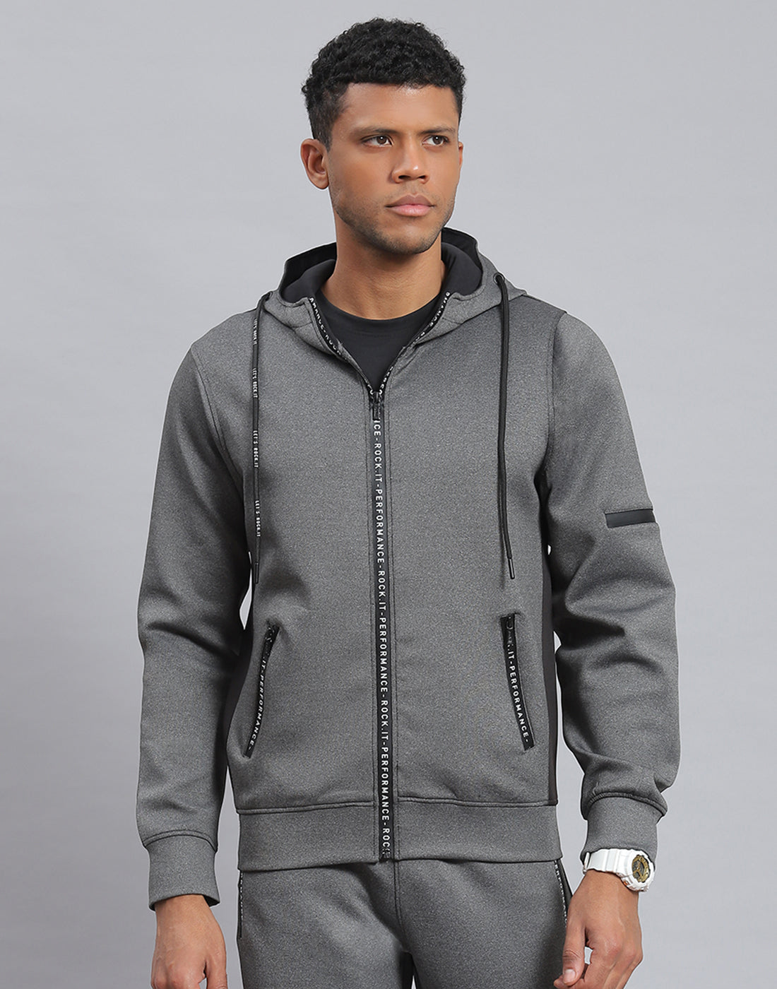 Rock.it Men Grey Solid Hooded Full Sleeve Sweatshirt