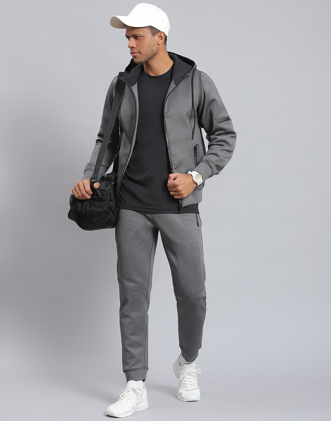 Rock.it Men Grey Solid Hooded Full Sleeve Sweatshirt