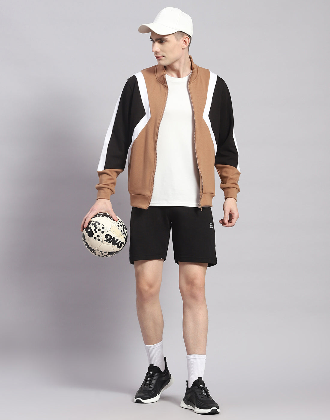 Rock.it Men Camel Brown Solid T Neck Full Sleeve Sweatshirt