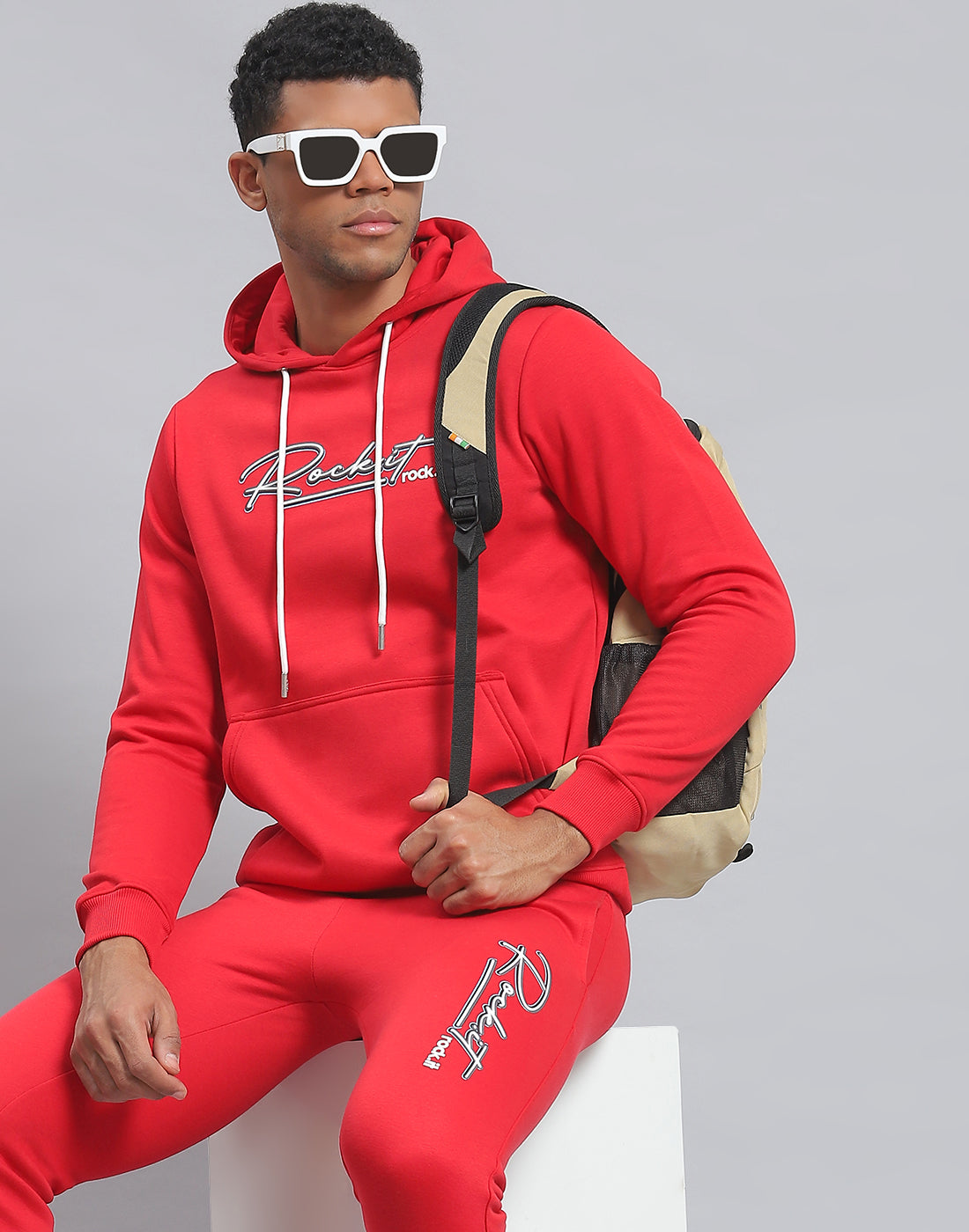Rock.it Men Red Solid Hooded Full Sleeve Tracksuit