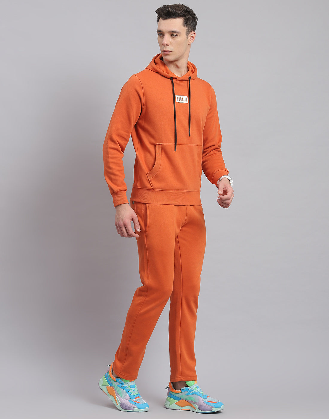 Rock.it Men Rust Solid Hooded Full Sleeve Tracksuit