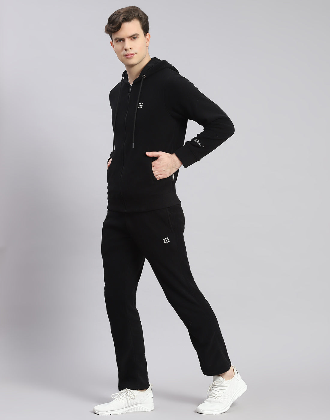 Rock.it Men Black Solid Hooded Full Sleeve Tracksuit