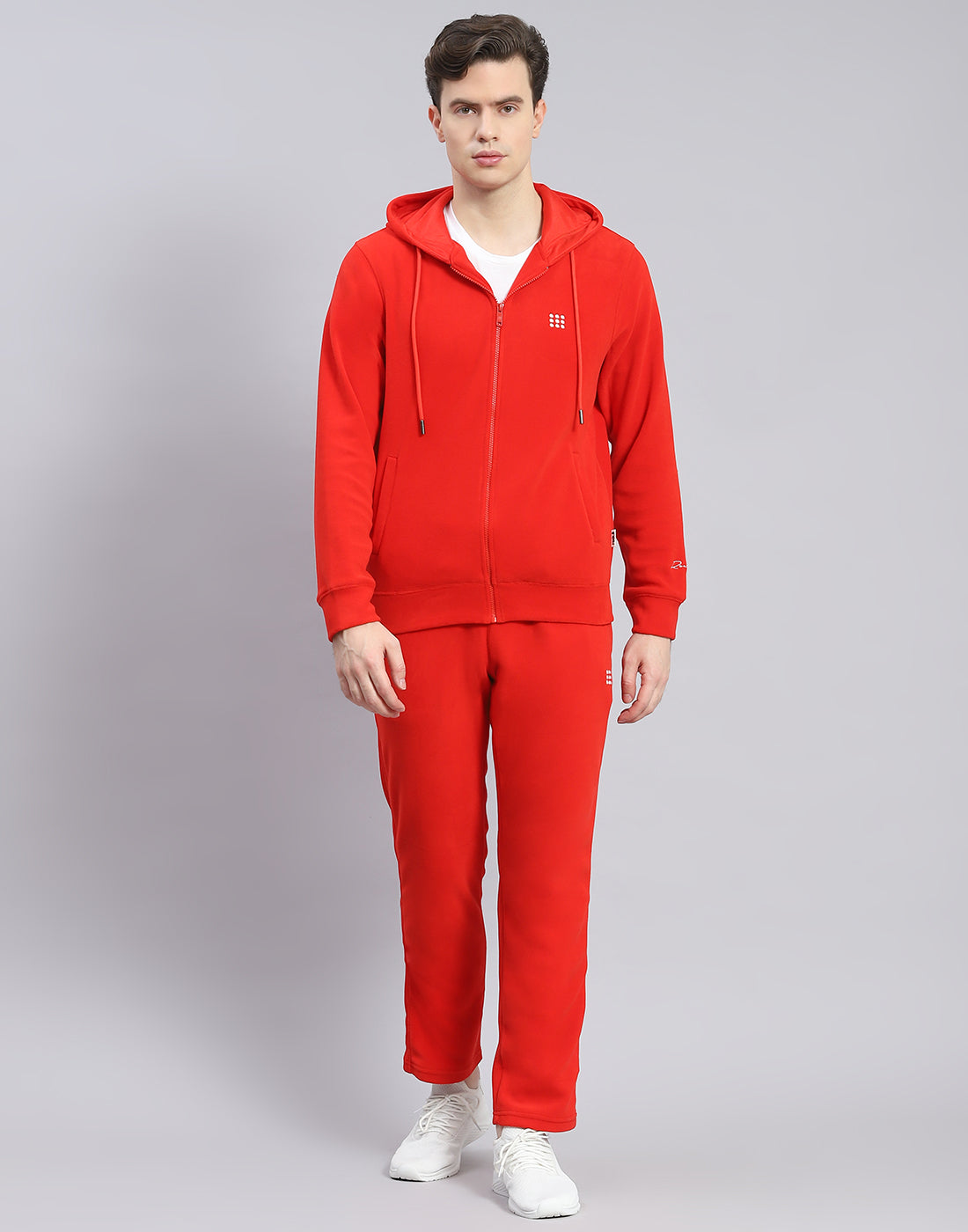 Men Red Solid Hooded Full Sleeve Tracksuit