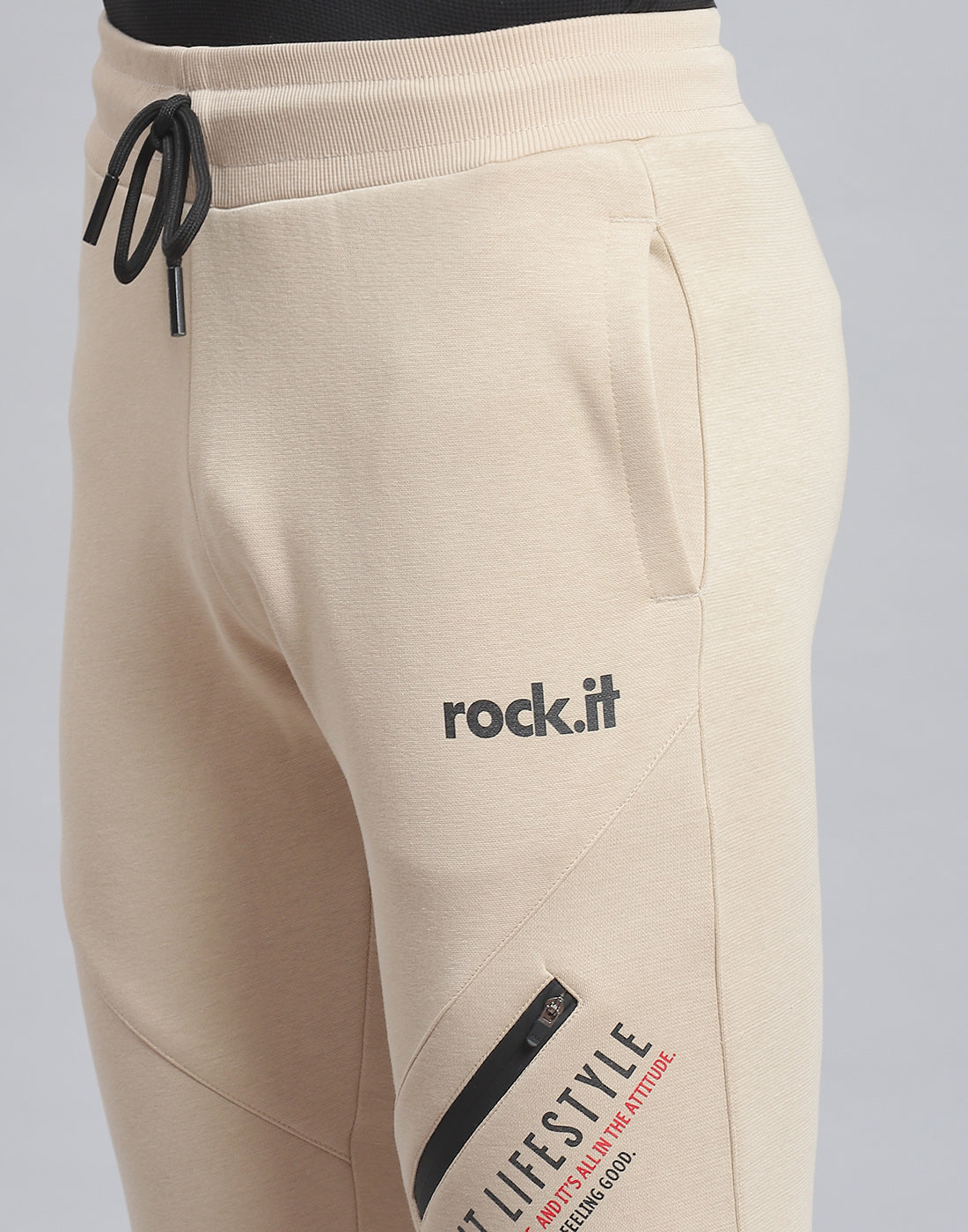 Rock.it Men Beige Solid Hooded Full Sleeve Tracksuit