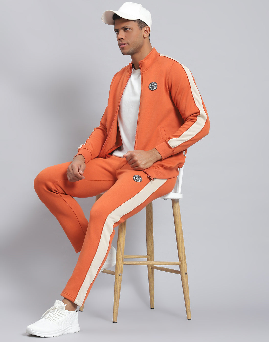 Men Rust Solid Stand Collar Full Sleeve Tracksuit