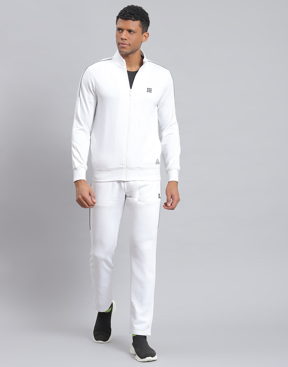 Men White Solid Stand Collar Full Sleeve Tracksuit
