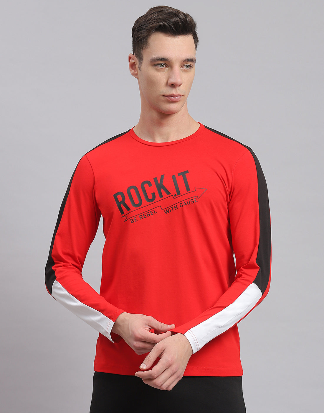 Men Red Printed Round Neck Full Sleeve Active T-Shirt