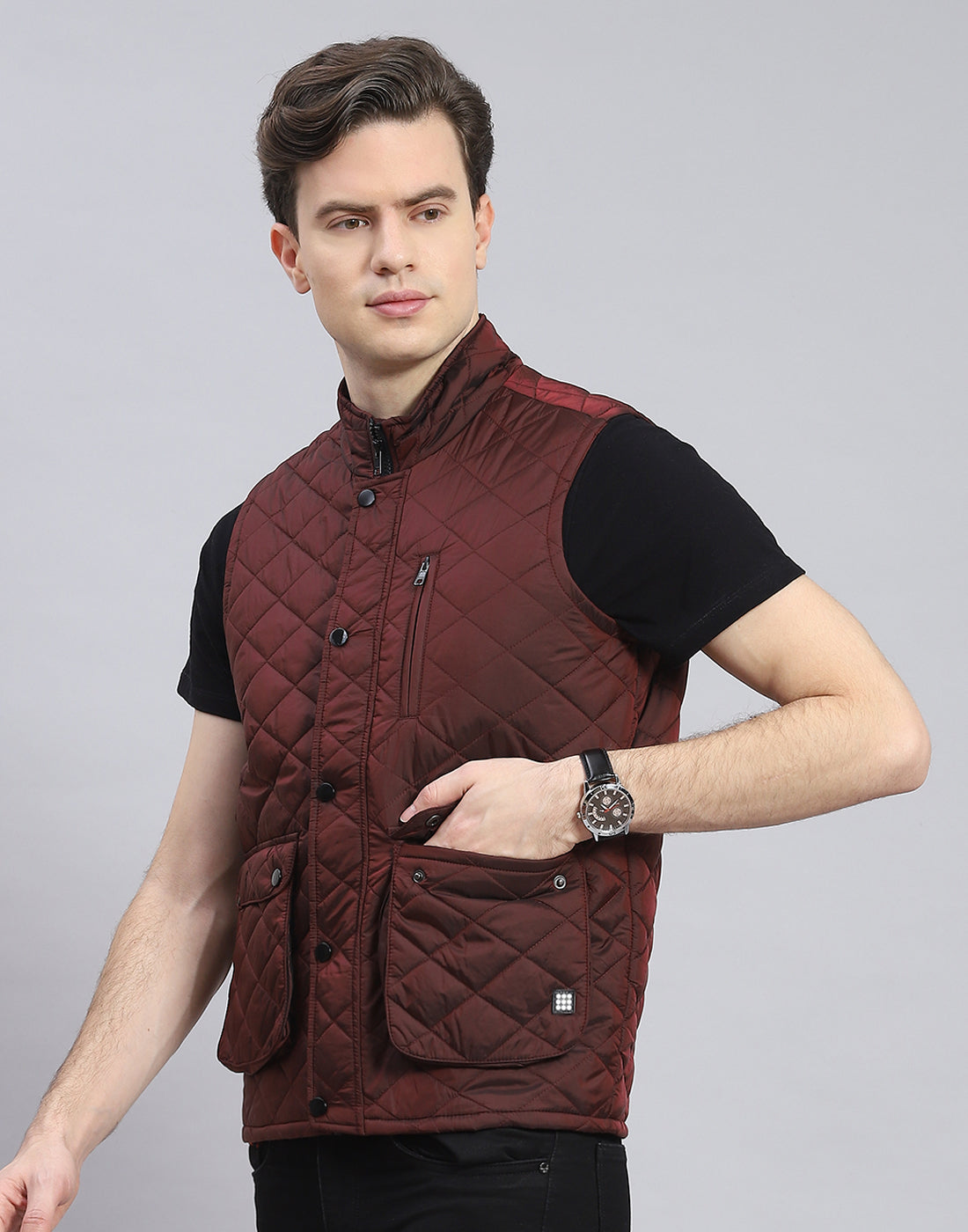 Rock.it Men Maroon Solid Stand Collar Sleeveless Jacket