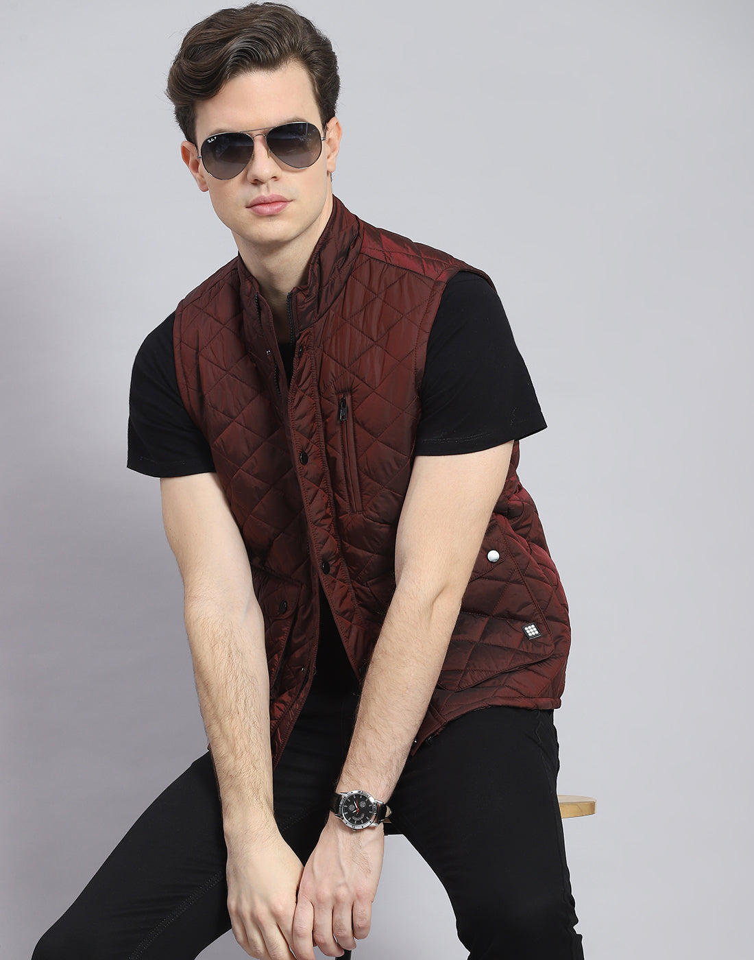 Rock.it Men Maroon Solid Stand Collar Sleeveless Jacket