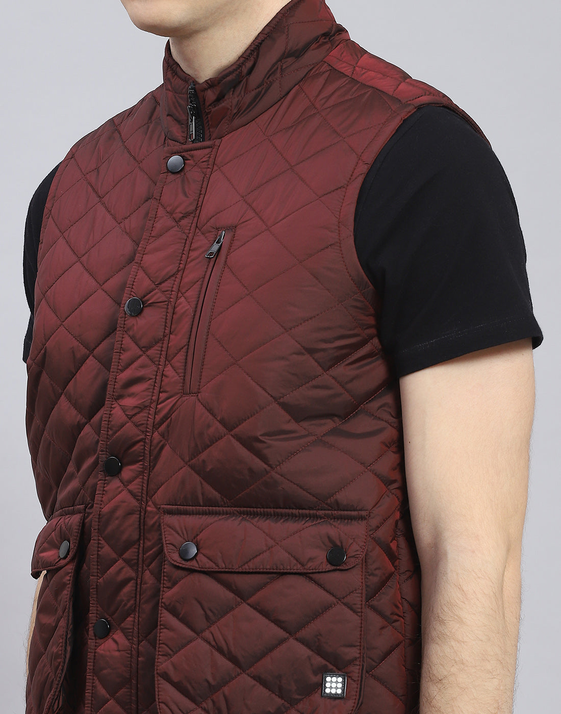 Rock.it Men Maroon Solid Stand Collar Sleeveless Jacket