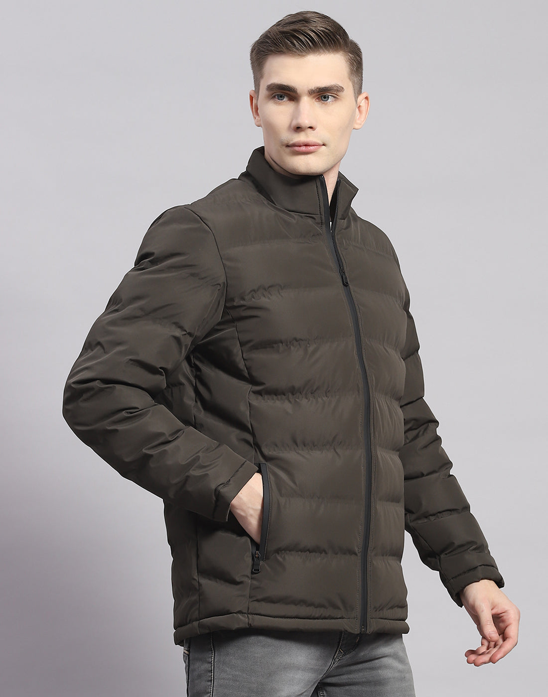 Rock.it Men Olive Solid Stand Collar Full Sleeve Jacket