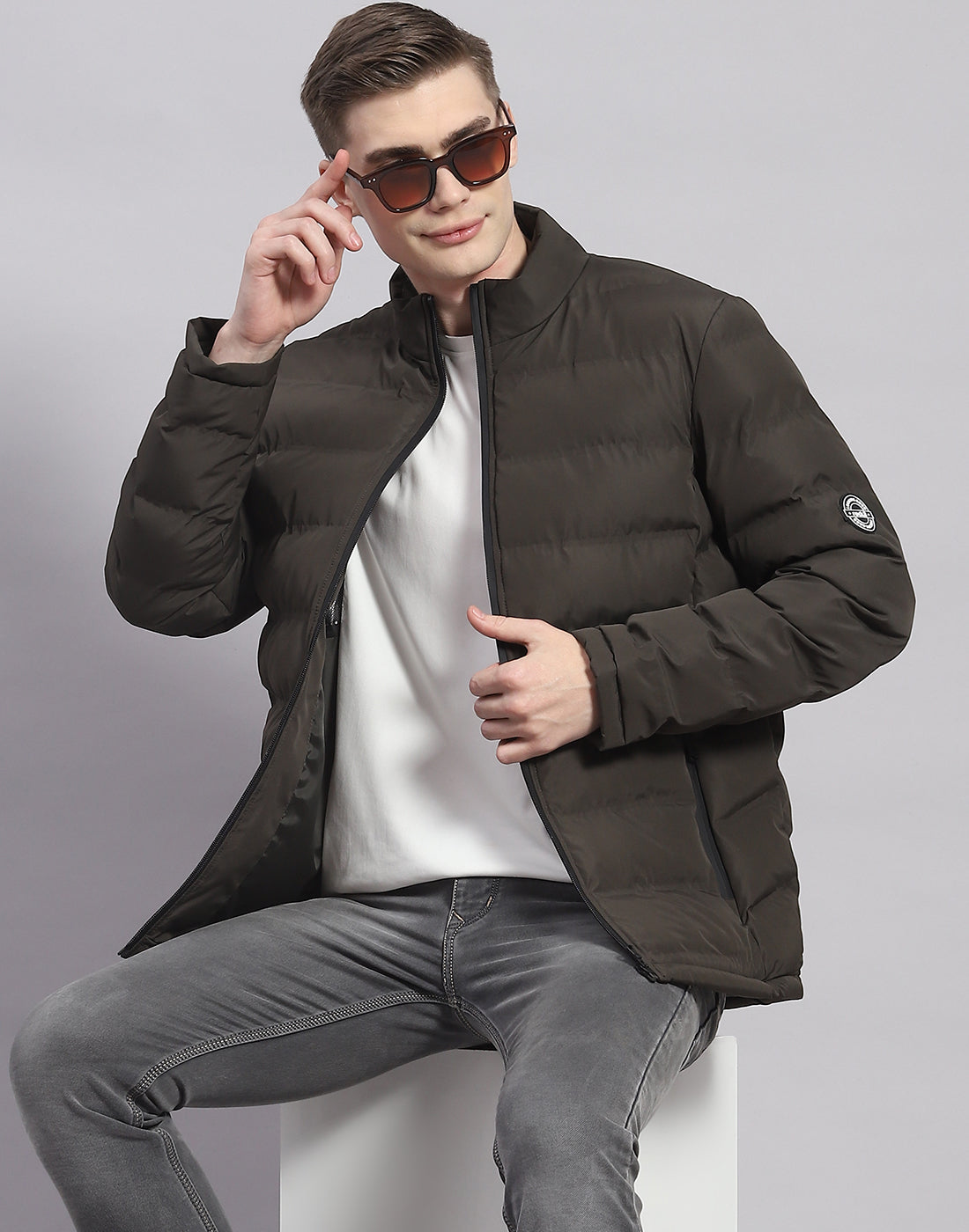 Rock.it Men Olive Solid Stand Collar Full Sleeve Jacket