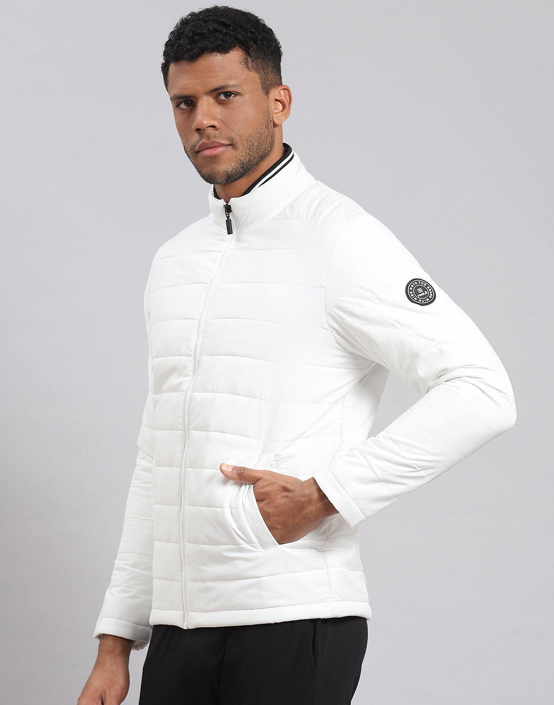 Men White Solid Stand Collar Full Sleeve Jacket