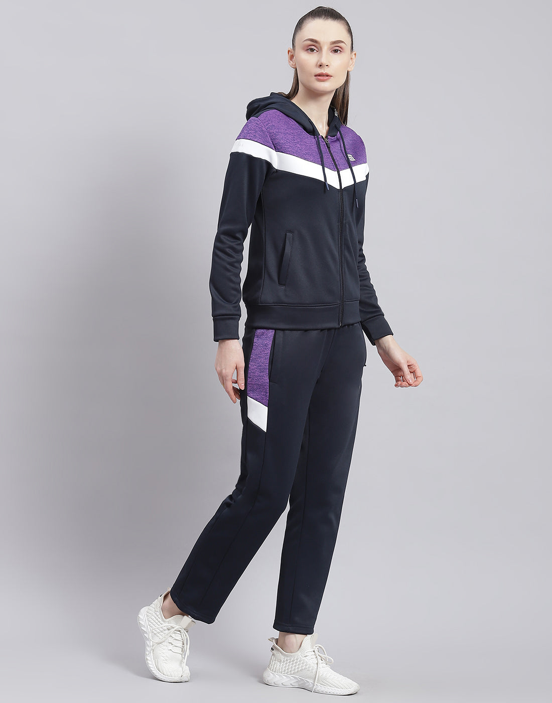 Rock.it Women Navy Blue Solid Hooded Full Sleeve Tracksuit