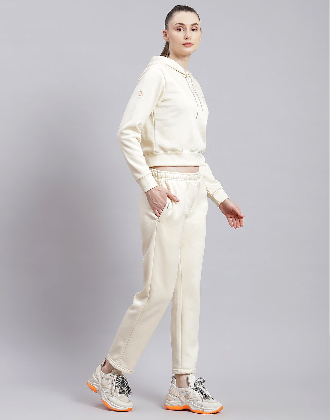 Rock.it Women Cream Solid Hooded Full Sleeve Cords Set