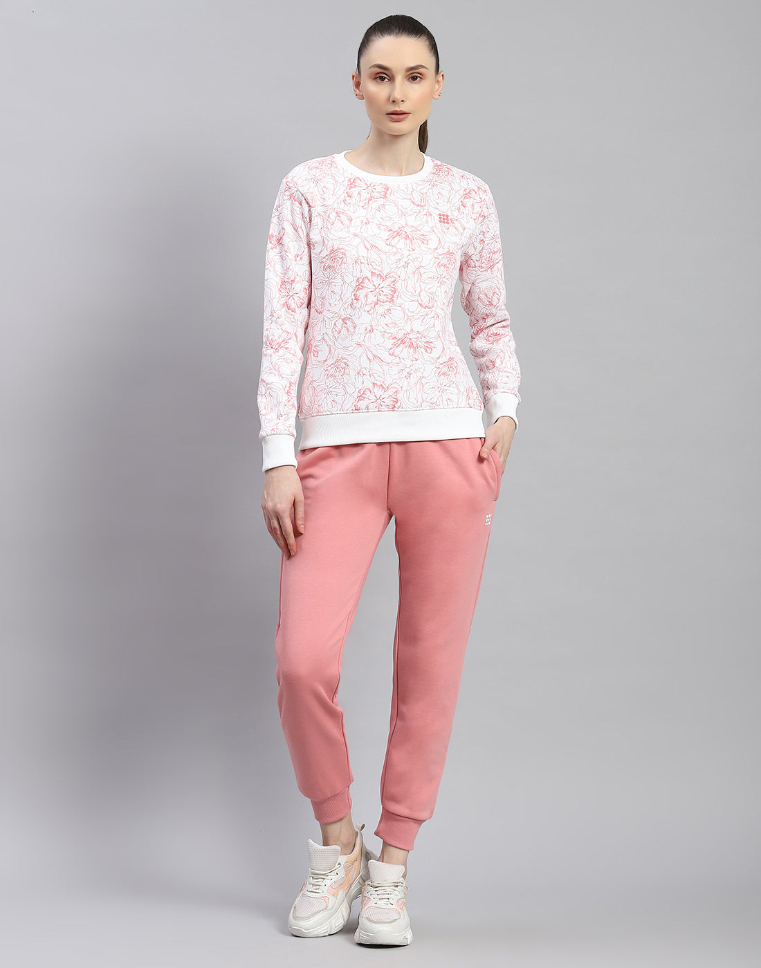 Women Pink Printed Round Neck Full Sleeve Tracksuit
