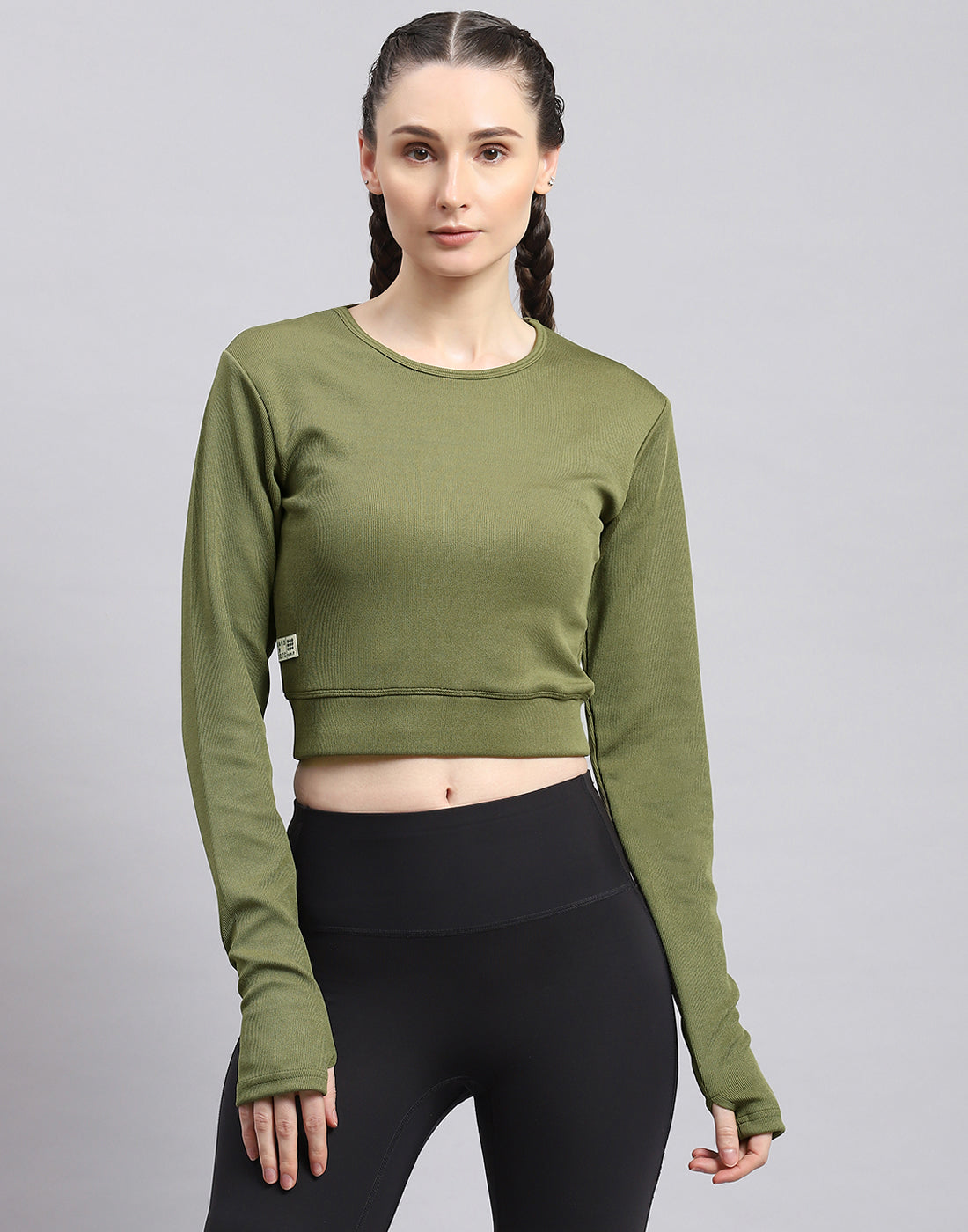 Women Green Solid Round Neck Full Sleeve Sweatshirt