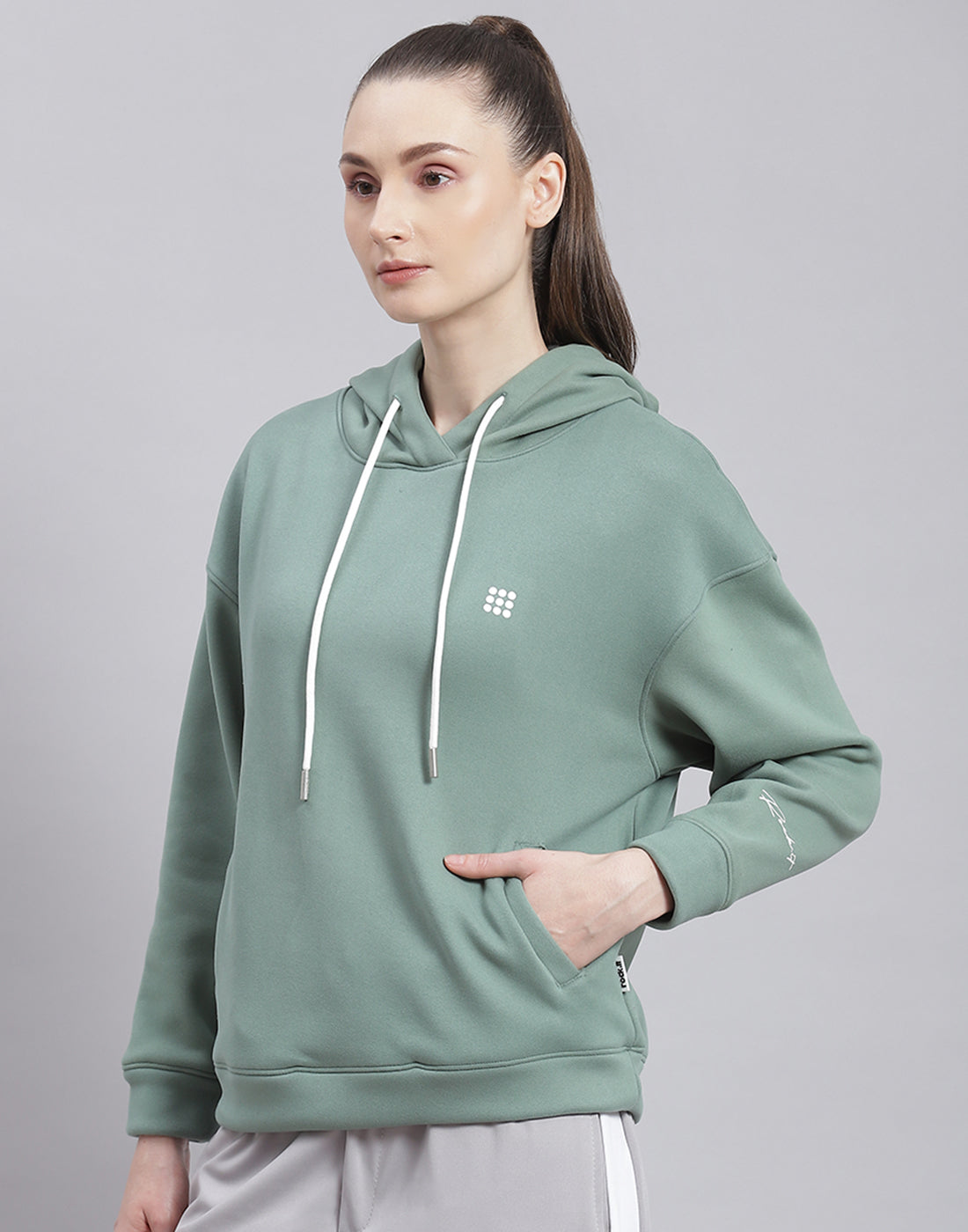 Rock.it Women Green Solid Hooded Full Sleeve Sweatshirt
