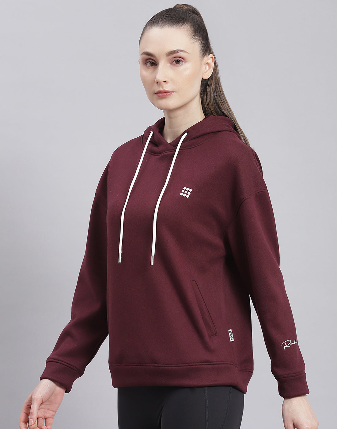 Rock.it Women Maroon Solid Hooded Full Sleeve Sweatshirt