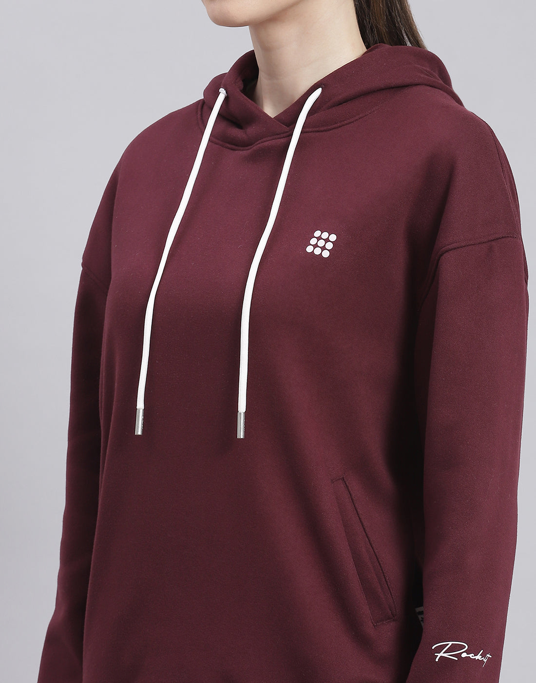 Rock.it Women Maroon Solid Hooded Full Sleeve Sweatshirt