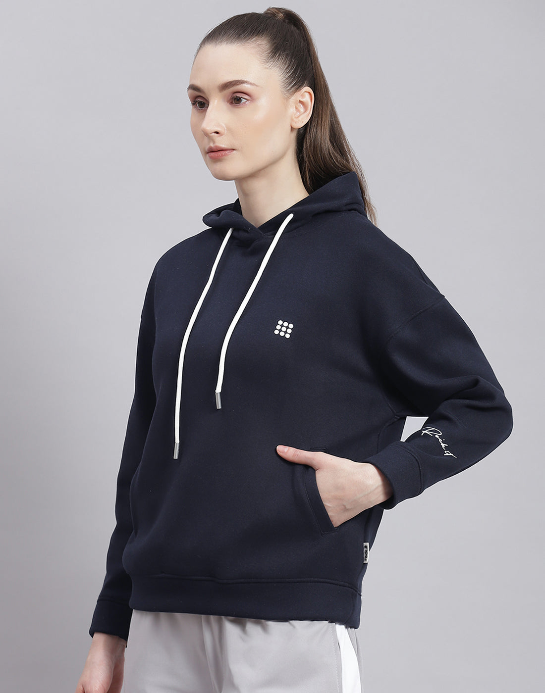 Rock.it Women Navy Blue Solid Hooded Full Sleeve Sweatshirt
