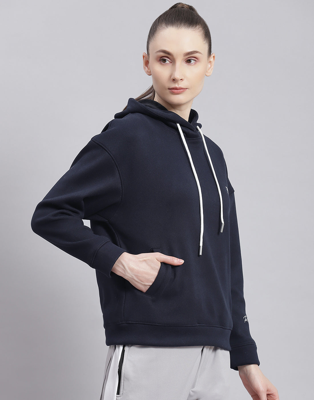 Rock.it Women Navy Blue Solid Hooded Full Sleeve Sweatshirt