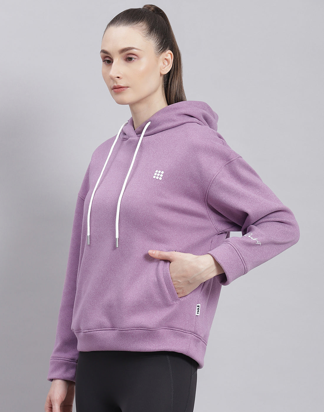 Women Purple Solid Hooded Full Sleeve Sweatshirt