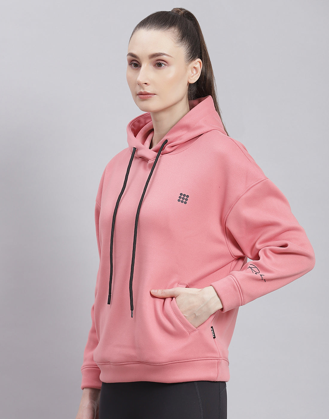 Rock.it Women Pink Solid Hooded Full Sleeve Sweatshirt
