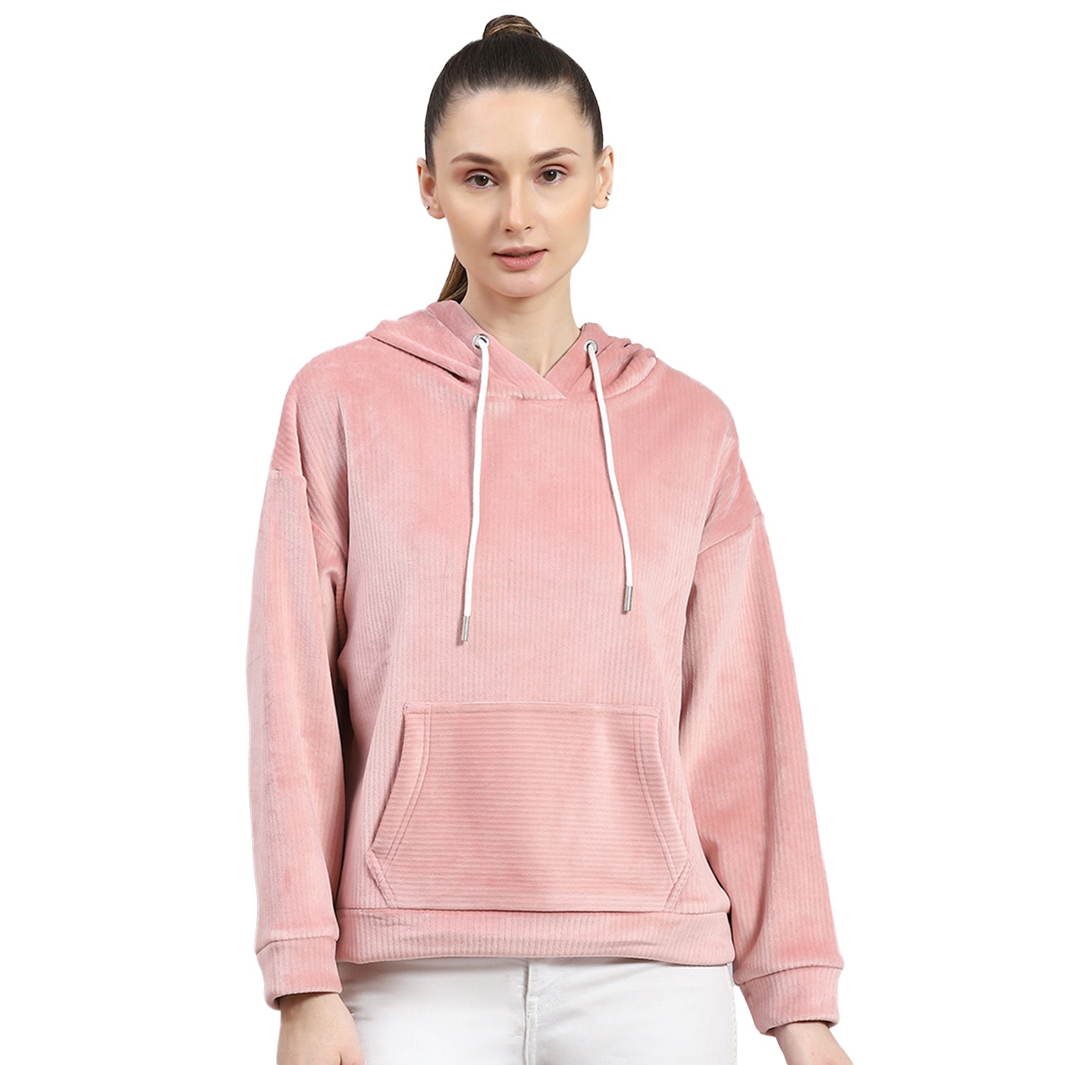 Rock.it Women Peach Solid Hooded Full Sleeve Sweatshirt