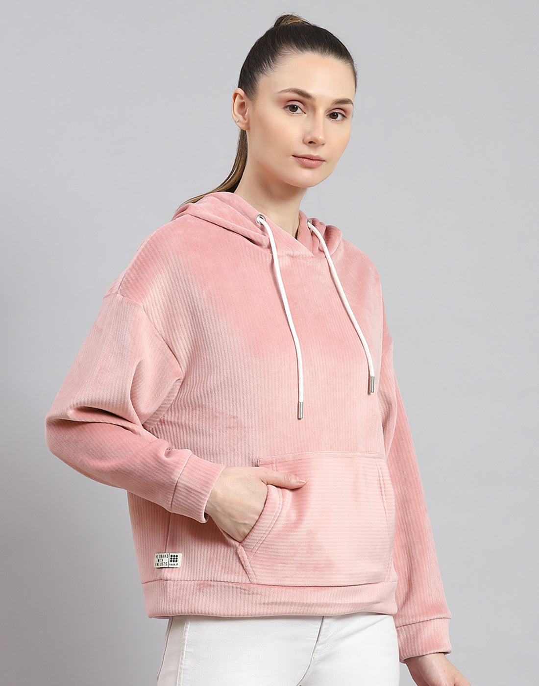 Rock.it Women Peach Solid Hooded Full Sleeve Sweatshirt