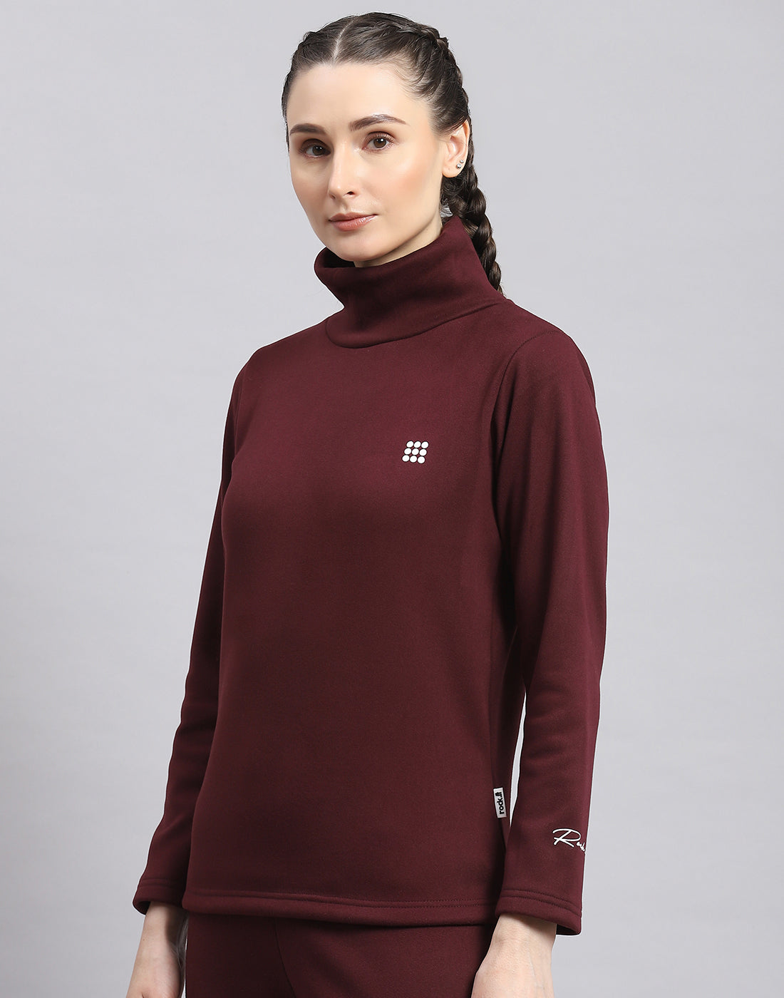 Rock.it Women Maroon Solid T Neck Full Sleeve Sweatshirt