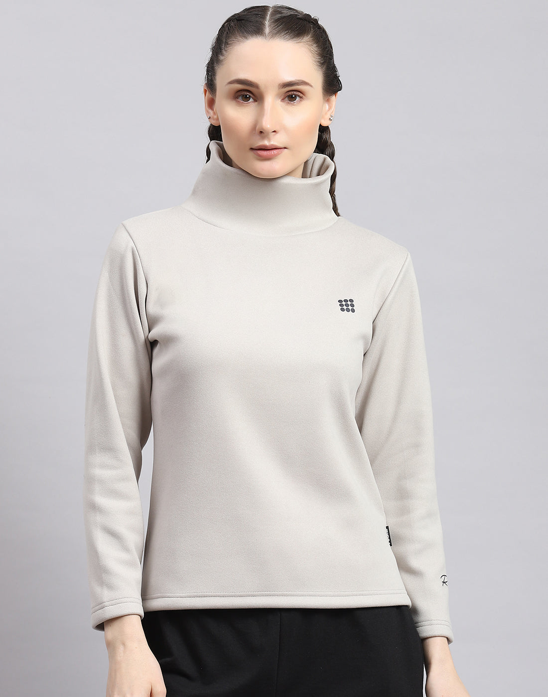 Women Grey Solid T Neck Full Sleeve Sweatshirt
