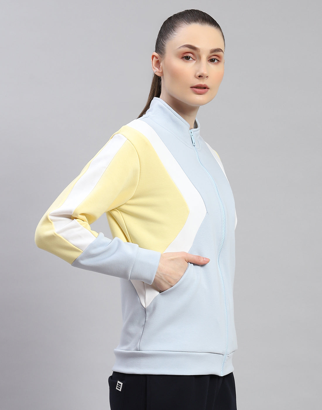 Rock.it Women Blue Solid Stand Collar Full Sleeve Sweatshirt