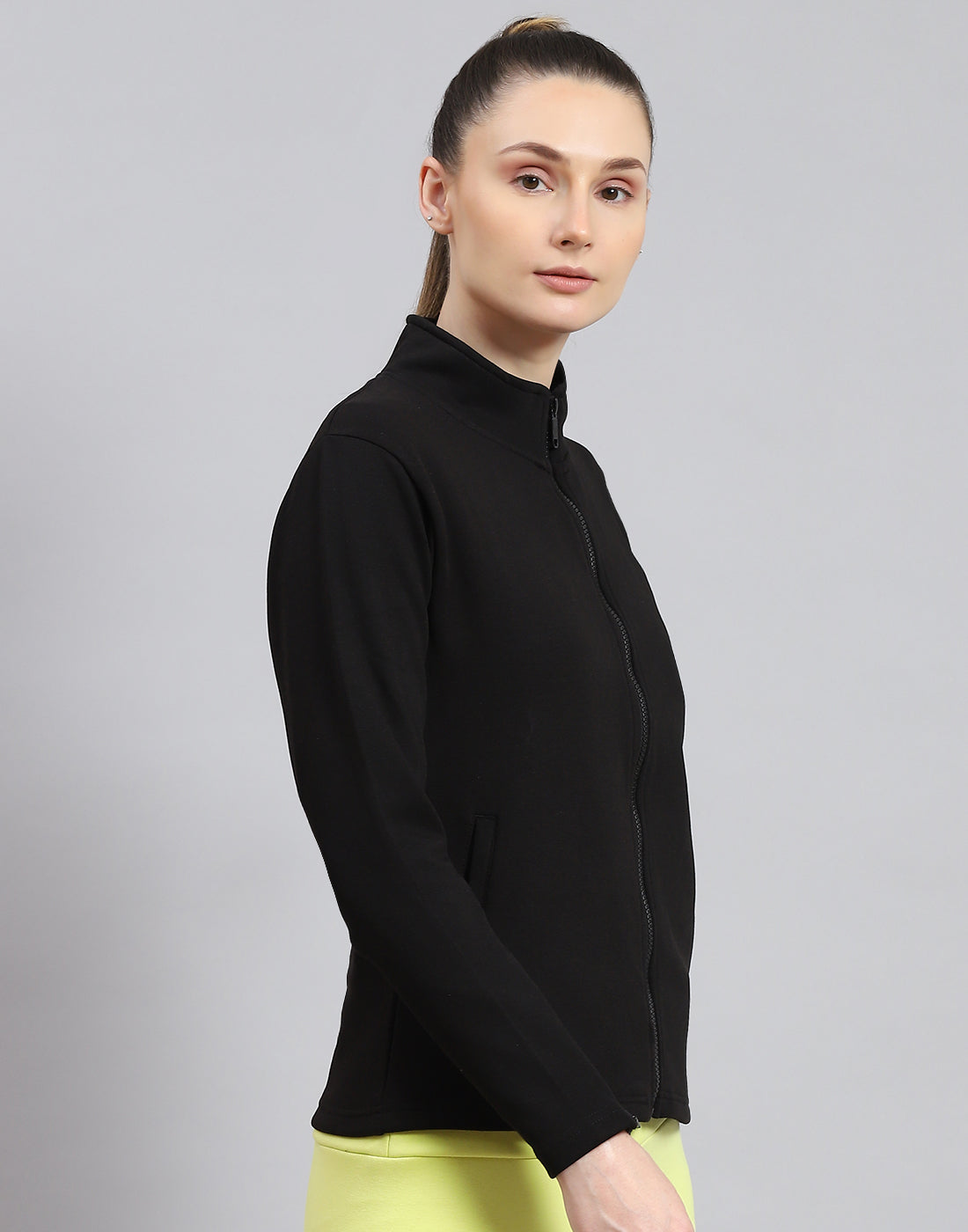 Rock.it Women Black Solid Stand Collar Full Sleeve Sweatshirt