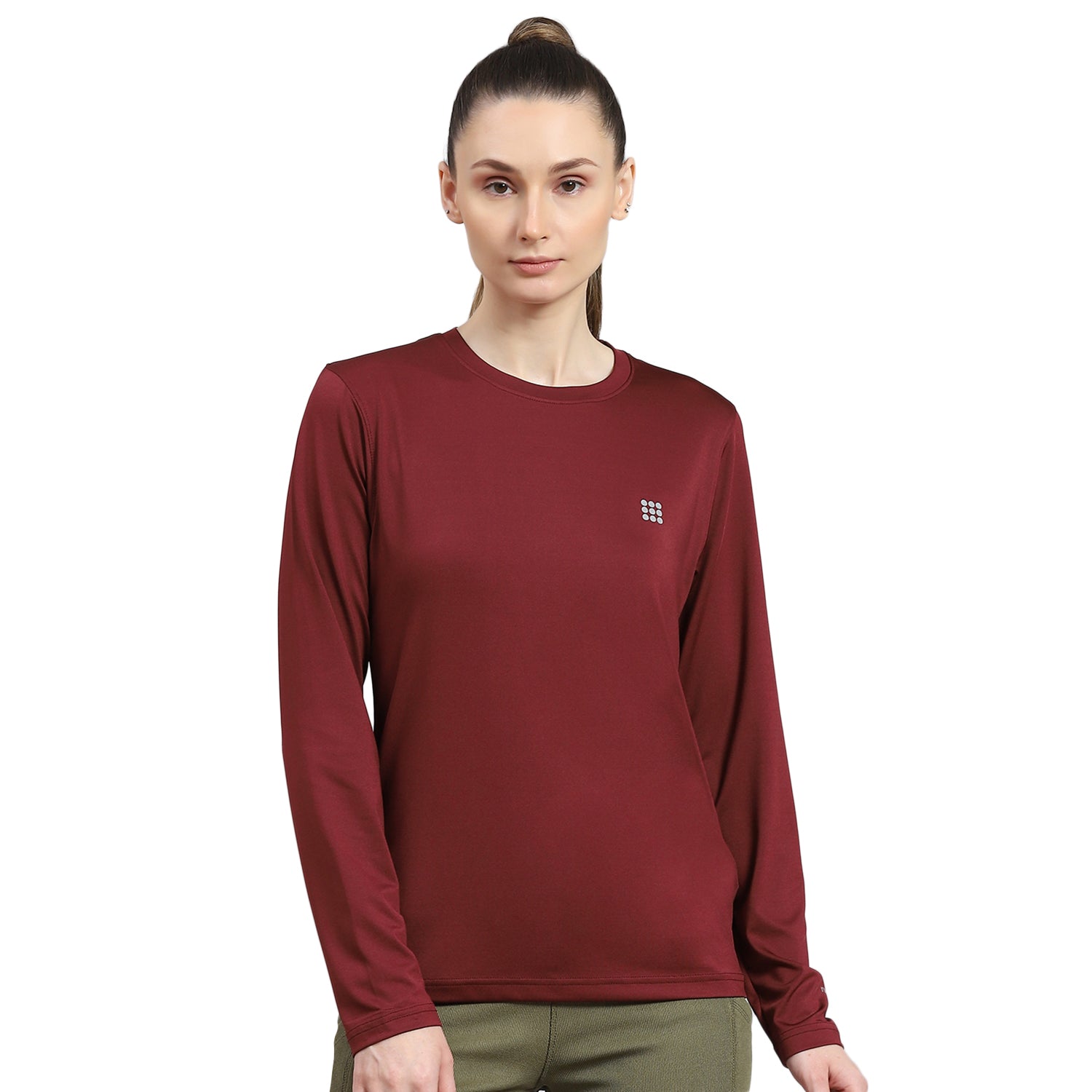Women Maroon Solid Round Neck Full Sleeve Top