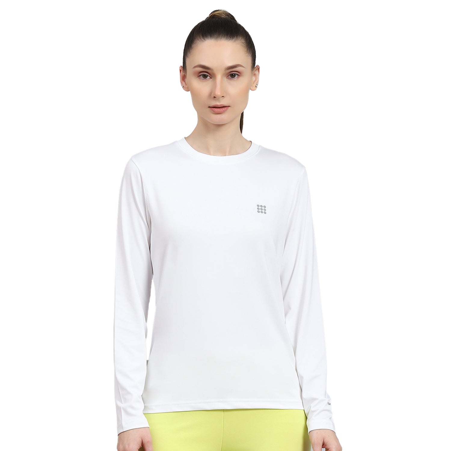 Women White Solid Round Neck Full Sleeve Top